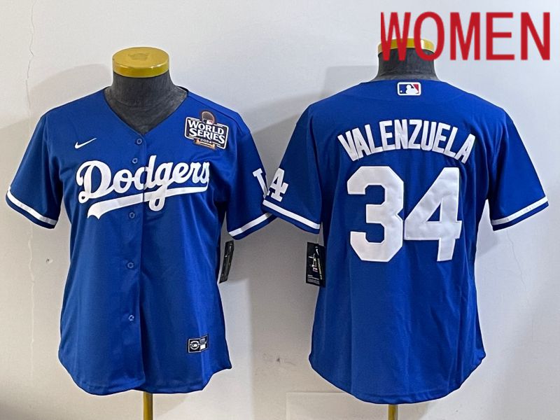 Women Los Angeles Dodgers #34 Valenzuela 2024 World series patch blue jersey 20241120120->women mlb jersey->Women Jersey